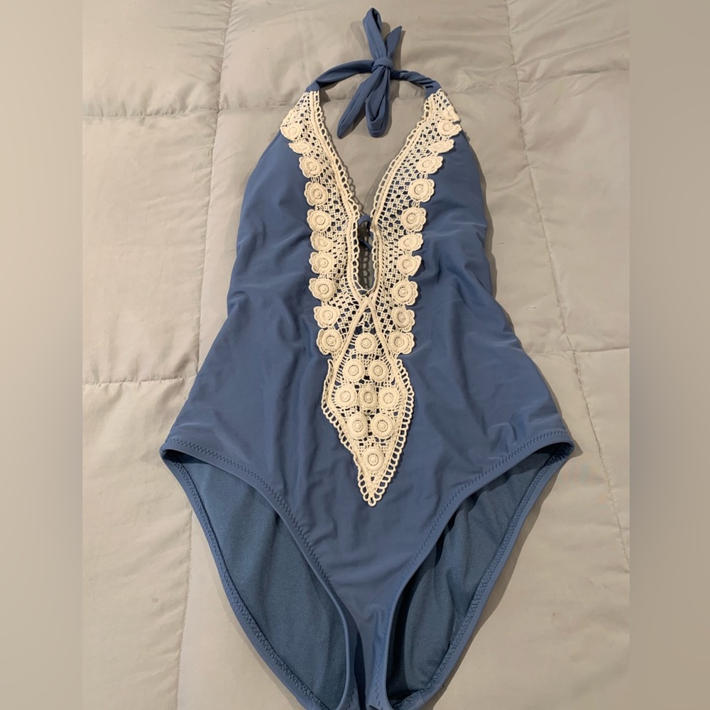 Blue and white Lace one piece Bathing suit